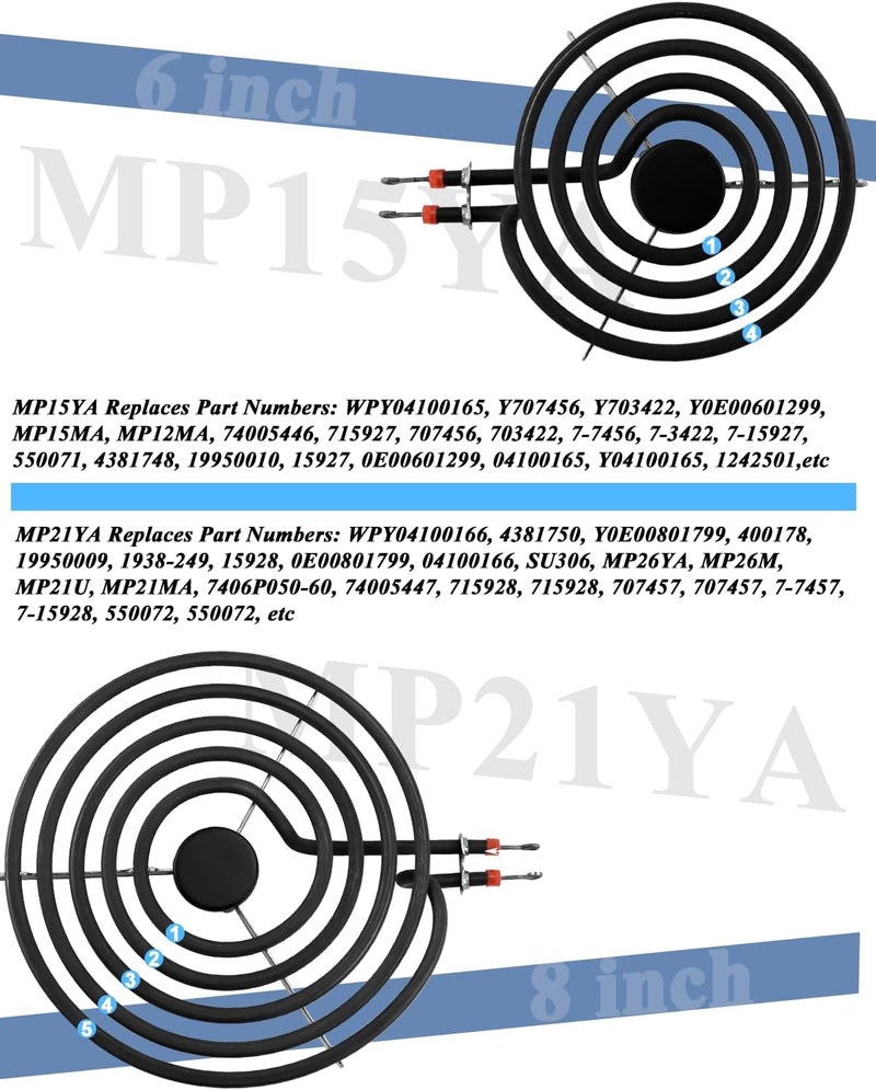 Fetechmate Upgrade MP22YA 4 Pack Electric Range Burner Element Unit Set Include 2 x MP21YA 8" Stove Burner & 2 x MP15YA 6" Stove Burner Element Fit for Frigi-daire Whirl-pool Ken-more Range Stove By - Image 5